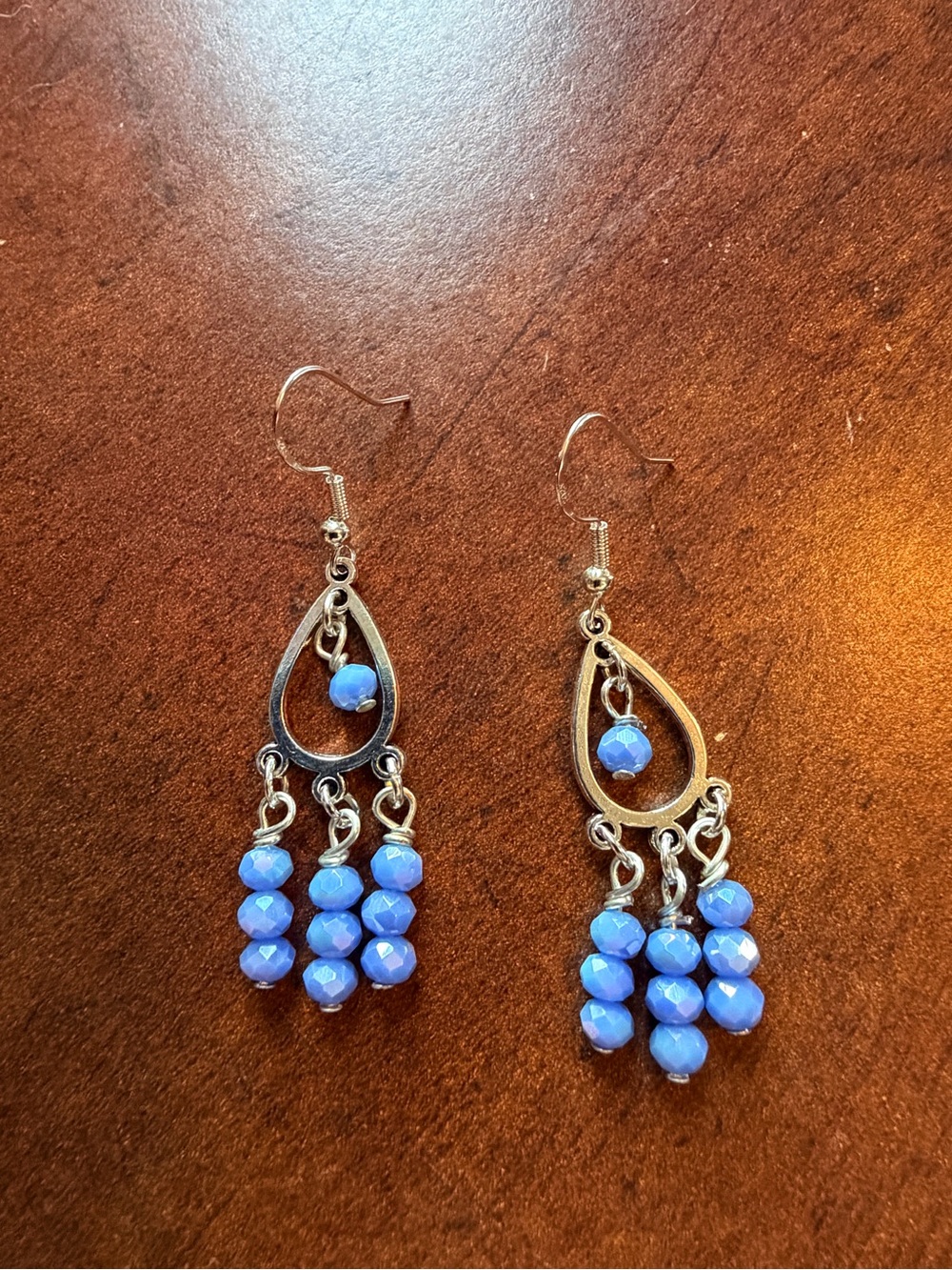 Silver-Trim Blue Bead Teardrop Dangle Earrings - Handmade
